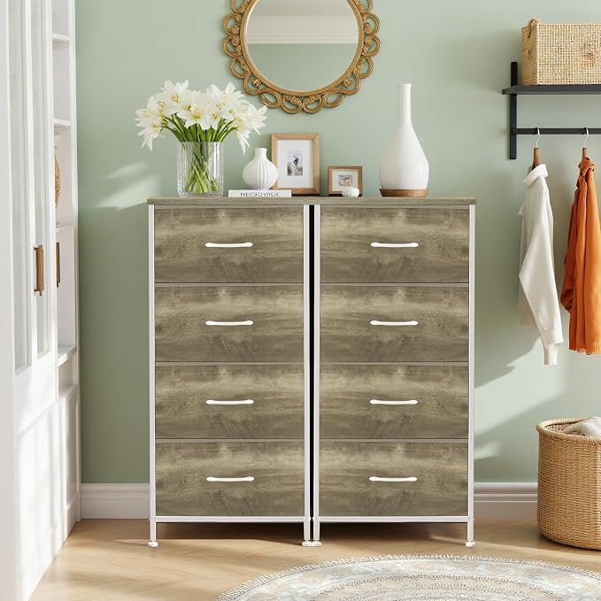 4 Drawers Dresser for Bedroom Fabric Storage Tower with Wooden Top | Steel Frame Tall Chest of Drawers for Closet, Entryway, Dorm, Greige Oak
