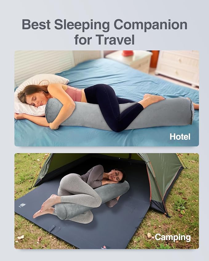 Luxtude Inflatable Body Pillow for Adults Kids, Travel Body Pillow | 35Inch Long Round Pillows for Side Sleeper, Soft Round Bolster Pillow for Camping, Hugging Sleeping, Back, Leg etc.