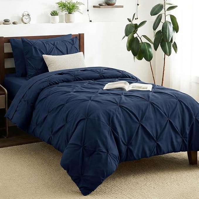 Twin Comforter Set Navy Blue, 5 Pieces Pintuck Bed in a Bag | College Dorm Essentials, OEKO-TEX 100 Certified, 240GSM All Season, Down-Alternative Comforter, Sheets, Pillowcase & Sham