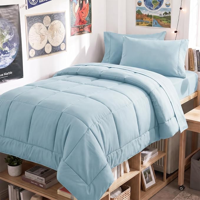 Twin XL Comforter Set Light Blue - 5 Pieces Twin XL Bed in a Bag | College Dorm Essentials, OEKO-TEX Certified, All Season, Down-Alternative Comforter + Flat & Fitted Sheets + 2 Pillowcases