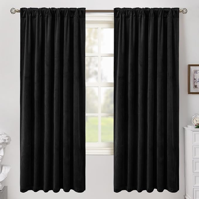 BGment Black Blackout Velvet Curtains for Bedroom, 2 Panels, 52 x 72 Inch | 72 Inch Black Out Curtains, Thermal Insulated, Room Darkening, Elegant Window Drapes for Living Room, Back Tab Rod Pocket