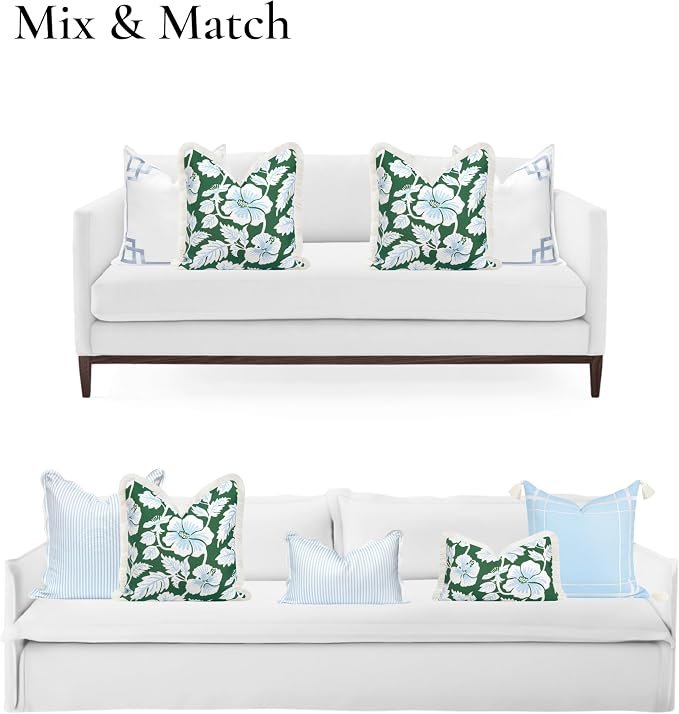 Hofdeco Premium Coastal Patio Indoor Outdoor Throw Pillow Cover Only, 20"x20" Water Repellent for Backyard, Couch, Green Baby Blue Print Tropical Hisbucs Flowers
