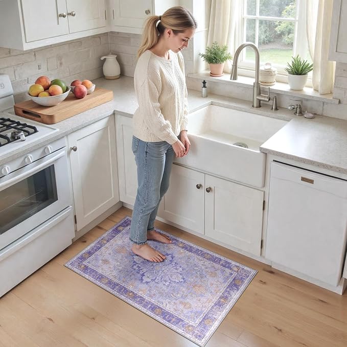 RELEANY Washable Area Rug, Small 2'x3', Purple | Non-Slip, Water Repellent, Pet Friendly, Easy to Clean, Vintage Floral Boho Decor for Kitchen Entryway Bathroom