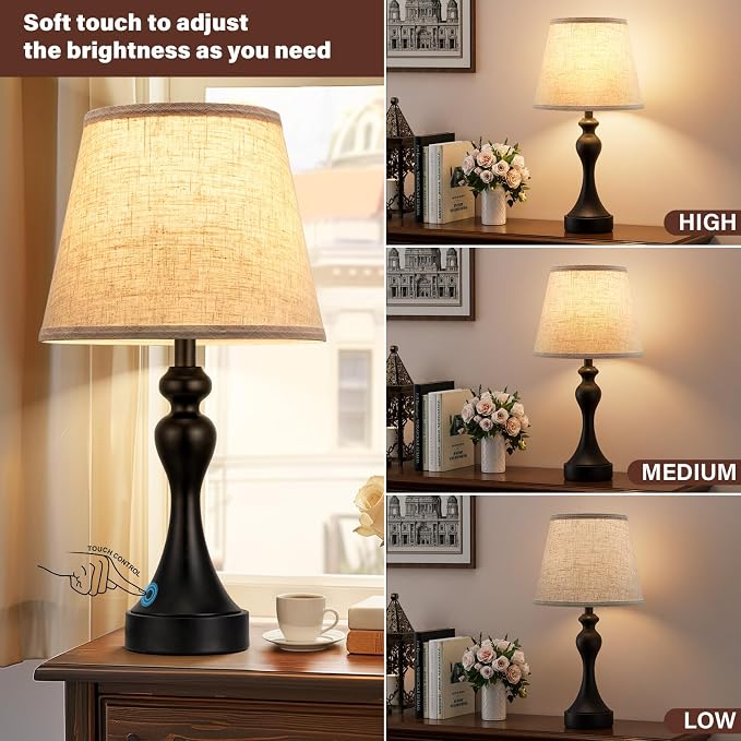 Touch Lamps for Nightstand, 3 Way Dimmable Bedside Lamps with USB C+A Ports | Touch Control, LED Bulb Included, Small Black Table Lamp for Bedroom, Night Stands, End Table, Gift，Corded，Beige Shade