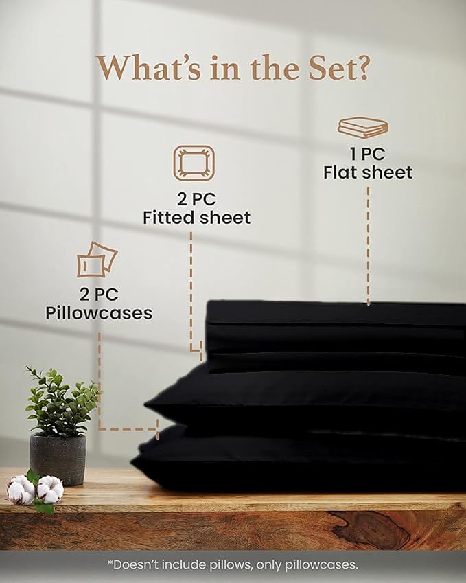 Good Sleep Bedding Split King Sheet Set for Adjustable Bed, 5 Piece, 100% Egyptian Cotton King Split Sheets for Adjustable Bed, Sateen Weave, 16" Deep Pocket Sheet Set - Black