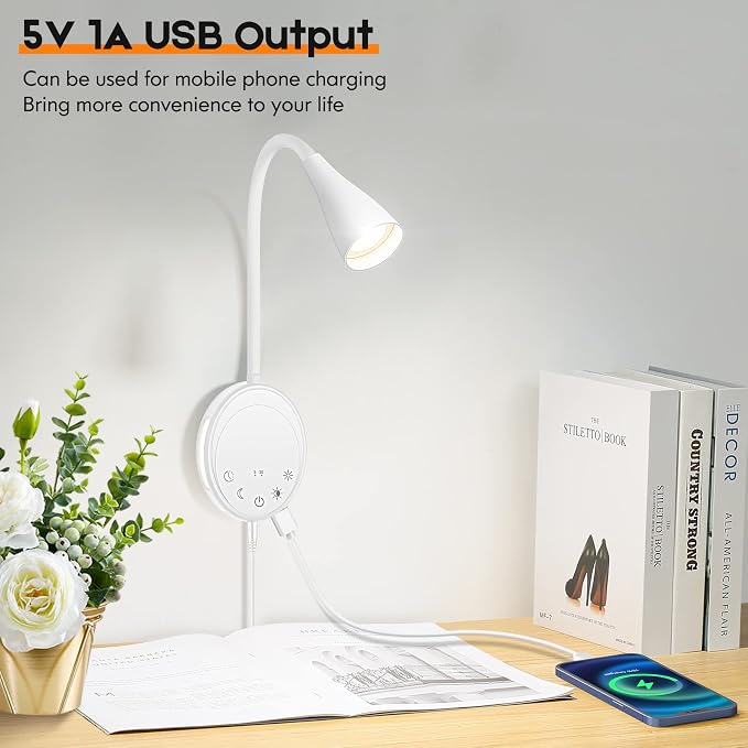 SANKEDOU LED Wall Mount Reading Light, Bedside Reading Lights, 5 Dimmable | Touch Control, USB Output, Night Light & Timers, Flexible Gooseneck Headboard Bed Lights wall Sconce (White-2P)