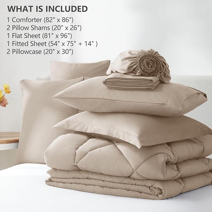 Full Size Comforter Sets Wheat - 7 Pieces Complete Bedding Set | OEKO-TEX Certified, All Season, 240GSM Down-Alternative Comforter, Sheets, Pillowcases & Shams, 14" Deep Pocket, Easy Care