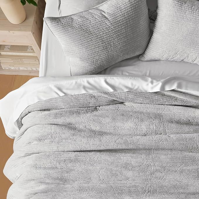 EverGrace Striped Channel Velvet Quilt Set, Queen Size, Frost Gray | Luxurious Soft Lightweight Velvet Comforter, Oversized Bedspread Coverlet, Quilted Bedding Set for All Season, with 2 Shams