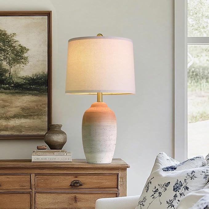 USumkky 24.5" Ceramic Table Lamp with 5FT Cord, Single Farmhouse Vintage Rustic Bedside Lamp for Living Room Bedroom Entryway, Linen Shade Nightstand End Table Decor (Bulb Not Included)-White&Brown