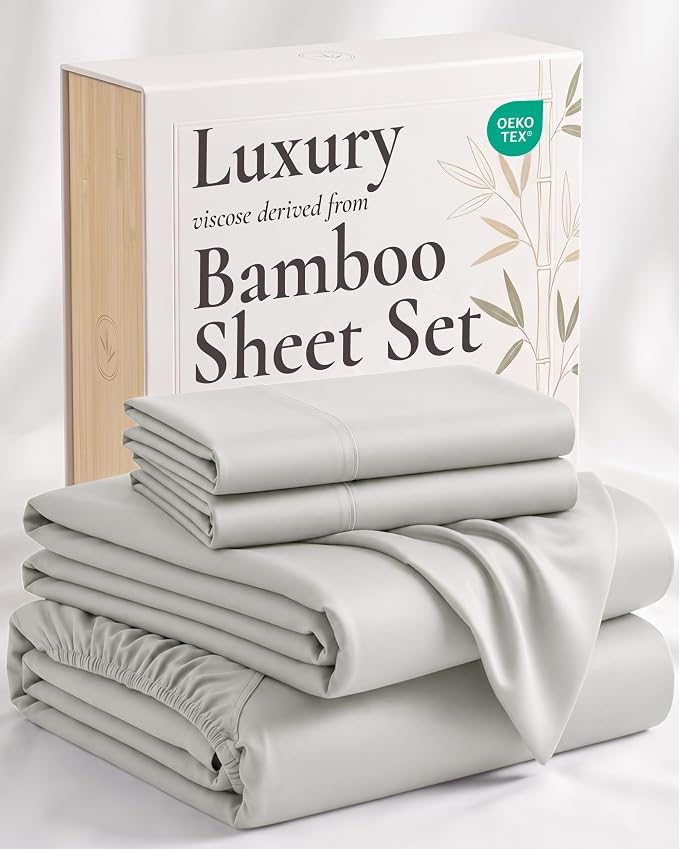 Hotel Sheets Direct 4 Piece Bed Sheet Set California King Size, 100% Viscose Derived from Bamboo Sheets Set with 2 Pillowcases, Cooling & Breathable Luxury Bedding, Moisture-Wicking, Light Gray