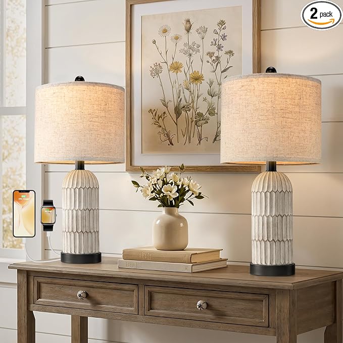 OYEARS 22.5" Bedside Table Lamps Set of 2, Farmhouse Table Lamp with USB A+C Charging Ports,Vintage Nightstand Lamp for Bedrooms and Living Rooms, Retro Resin End Table Lamp with Linen Shade, Black
