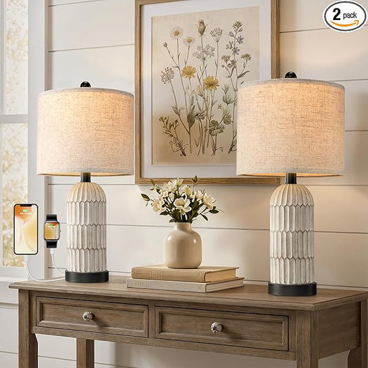 OYEARS 22.5" Bedside Table Lamps Set of 2, Farmhouse Table Lamp with USB A+C Charging Ports,Vintage Nightstand Lamp for Bedrooms and Living Rooms, Retro Resin End Table Lamp with Linen Shade, Black