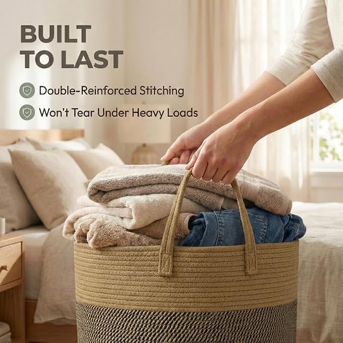 JMvicyroam 65L Extra Large Machine Washable Cotton Rope Blanket Basket | Collapsible laundry hamper, Reinforced handles, For blankets, pillows, toys and clothes, Living room and bedroom, Jute&Black