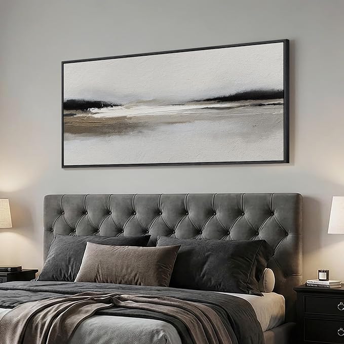 Large Framed Black and White Abstract Wall Art for Living Room, 30x60 In | Horizontal landscape pictures, Oversized canvas prints, Modern neutral artwork for walls, Wall decor for bedroom dining room