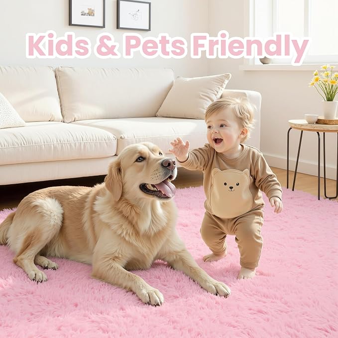 8x10 Fluffy Shag Area Rugs for Living Room Bedroom: Soft Carpet Light Pink | Upgraded Non-Slip Thick Memory Foam, Ultra Soft, Non-Shedding Fuzzy Carpet, Easy Clean Decor for Kids Room, Nursery, Playroom