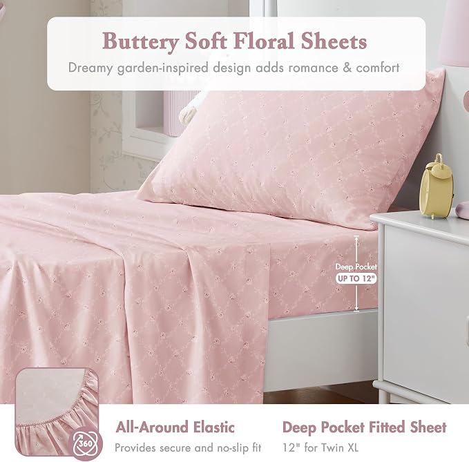 Madison Park Essentials Pink Floral Comforter Set with Sheets Twin XL,5pc | Reversible, Elegant College Dorm Bedding, Ruffle Bed in a Bag, All Season, Machine Washable, Wrinkle Resistant, Ultra Soft