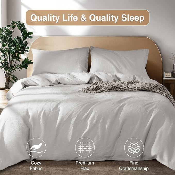 SONORO KATE 100% French Linen King Duvet Cover Set,Zipper Closure,3PC | Natural French Flax,Soft Breathable for Hot Sleepers,Moisture Wicking & Durable,4 Corner Ties,Grey