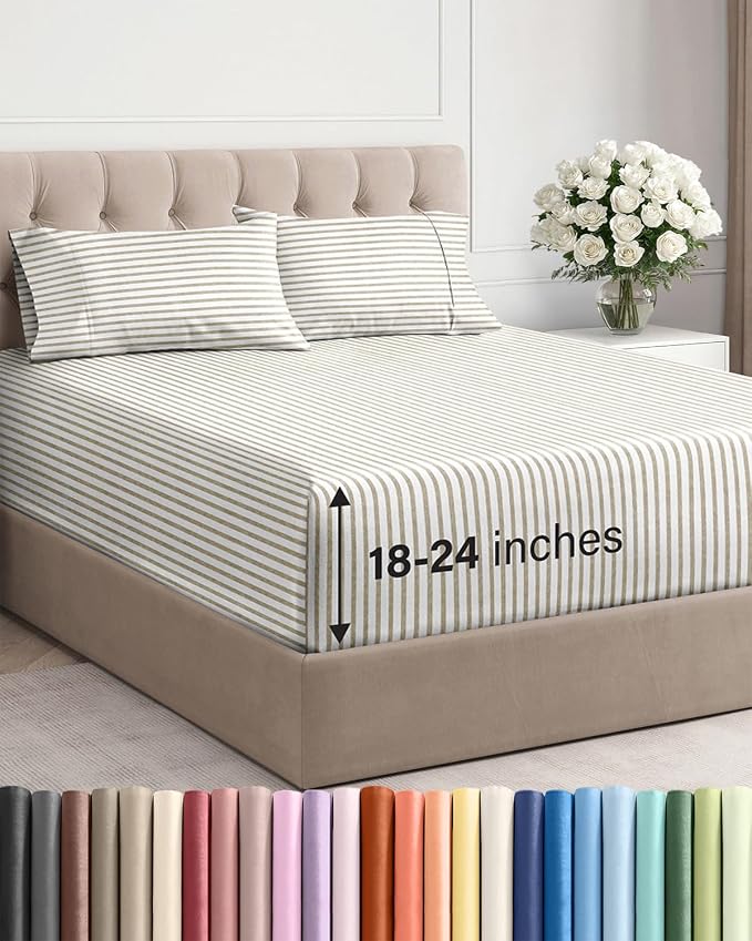 Extra Deep King Sheet Set - 4 Piece Breathable & Cooling - Beige Stripes | Easily Fits 18 to 24 inch Mattress - Ultra Soft, Wrinkle & Fade Free with Extra Deep Pockets - Comfy Hotel Luxury Bedding