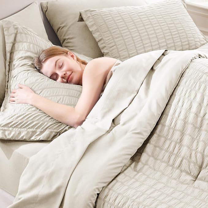 King Size Comforter Set, 7 Pieces Oatmeal Seersucker Bed in a Bag | OEKO-TEX Certified, All Season Bedding Set with 240 GSM Down Alternative Comforter, Flat & Fitted Sheets, Pillowcases & Shams
