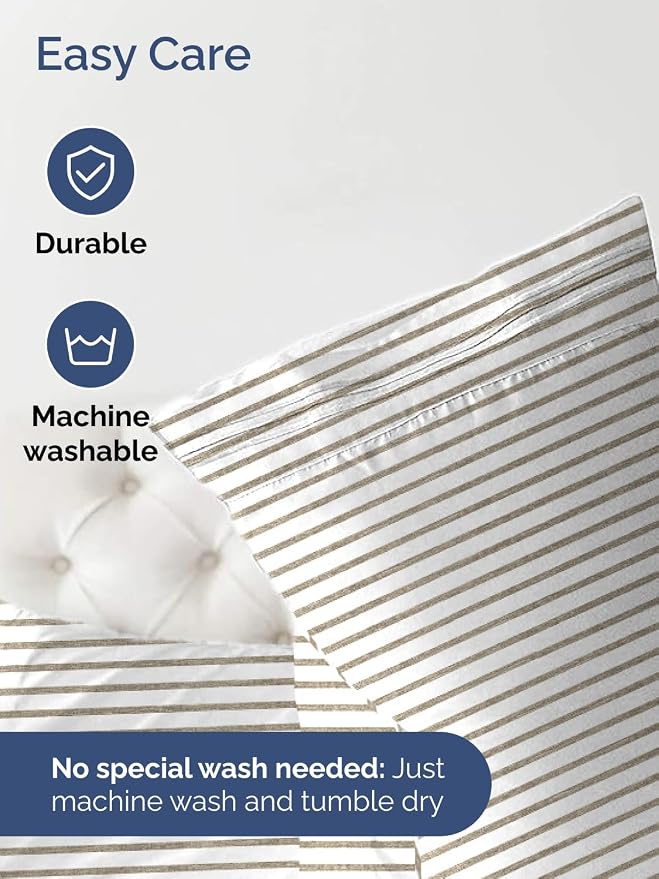 Extra Deep Full Fitted Sheet - Single Fitted Sheet Only - Beige Stripes | Easily Fits 18 inch to 24 inch Mattress, Soft, Wrinkle Free, Breathable & Comfy, Extra Deep Pockets Hotel Luxury Fitted Sheet