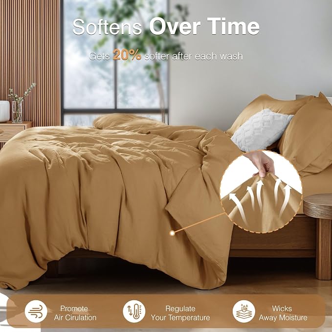 SONORO KATE 100% French Linen Queen Duvet Cover Set,Zipper Closure,3PC | Natural French Flax,Soft Breathable for Hot Sleepers,Moisture Wicking & Durable,4 Corner Ties,Rust
