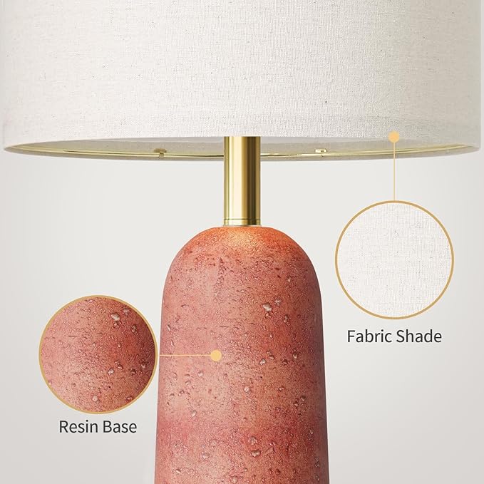 BOBOMOMO 27.25" Modern Table Lamp Set of 2, Red Resin Table Lamps with Stone Look, Lamps for Living Room with Linen Shades, Bedside Lamps for Bedroom Nightstand, Table Lamps for Living Room End Tables