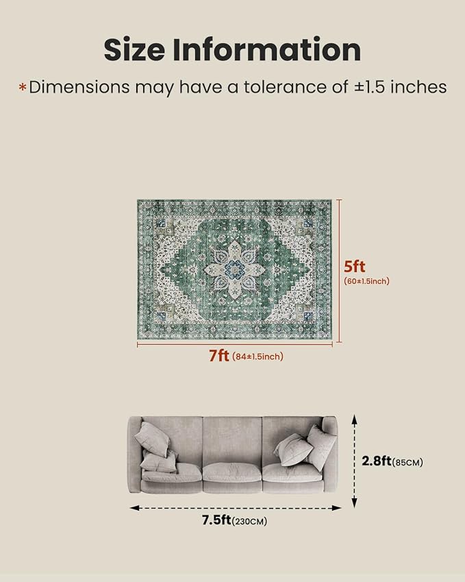 AMADA HOMEFURNISHING 5x7 Area Rugs, Washable Living Room Rug Low-Profile with Non-Slip Backing & Durable Edge Binding, Vintage 5x7 Rugs for Living Room, Bedroom, Dining Room