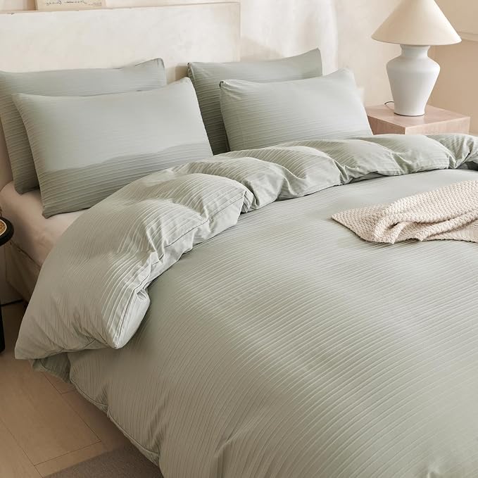 Sage Green King Size Comforter Set Striped Luxury Washed Microfiber Jacquard 3 Pieces Bedding, Sage Green Vertical Ticking Striped Comforter with 2 Pillowcases Soft Breathable Durable Comfy