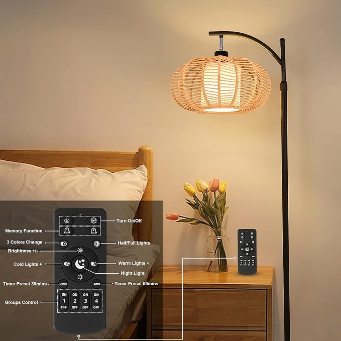 ZECOXOL Arc Floor Lamps for Living Room Bedroom Rattan Boho Floor Lamp with Remote Control,Dimmable Led Standing Lamp Wicker Lamp Shade Rustic Tall Floor Lamp Modern Flower Lamp for Bedroom Corner
