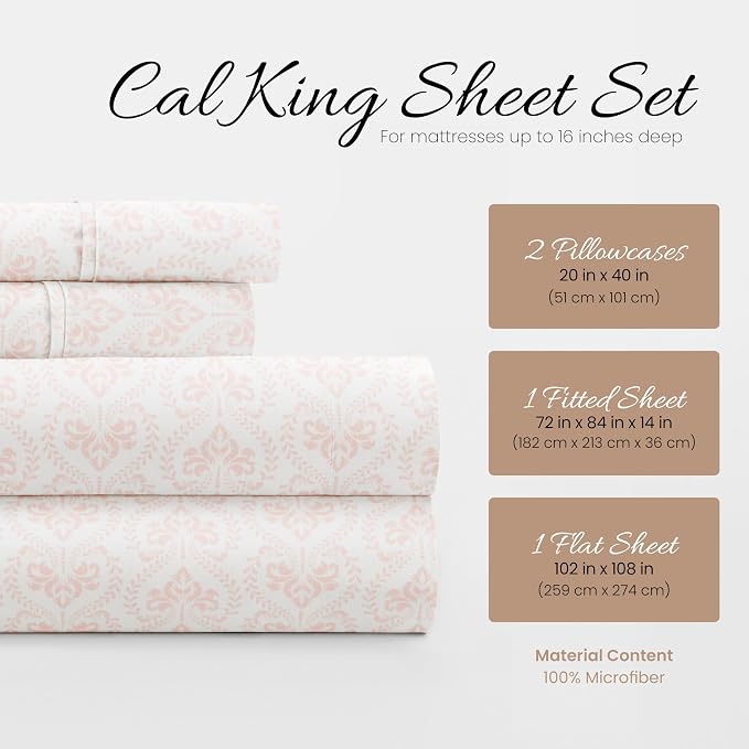 Linen Market Double-Brushed Patterned Microfiber California King Sheet Set 4 Piece – Oeko-TEX Certified Ultra Soft & Wrinkle-Free - 16" Deep Pocket Sheets Easy Care Cal-King Size - Classic in Pink