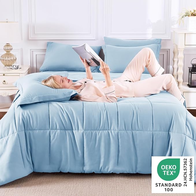 Full Size Comforter Sets, 7-Piece Bed in a Bag, Baby Blue | OEKO-TEX Certified, Box-Stitched Design, 240 GSM Down Alternative Fill, All-Season Comfort, Sheets, Pillowcases & Shams