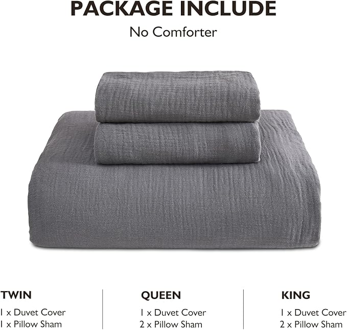 EMME Muslin Cotton Duvet Cover Set Queen Size Linen Like Soft Breathable Lightweight Summer Comforter Cover Set with Zipper Closure (Dark Grey, Queen, 90"x90")
