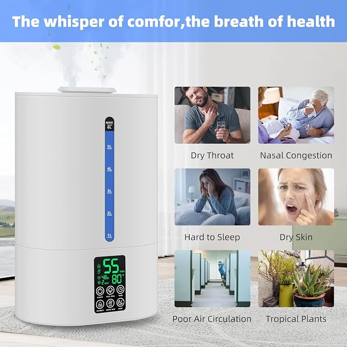 Coolfiqu 6L Warm & Cool Mist Humidifiers for Bedroom,Large Room,Plants | Quiet Top Fill Ultrasonic Humidifier,Essential Oil Diffuser, Auto Humidity Control,Hot Mist Desk Humidifiers,360° Nozzle