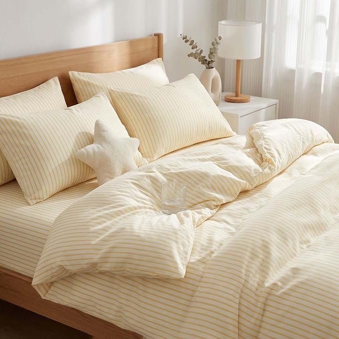 Nayoroom Yellow Striped Duvet Cover Queen Size Yellow and White Stripe Duvet Cover Aesthetic Dorm Bedding 3 Pieces Soft Microfiber Farmhouse Bedding Set Girls Bedroom Decor