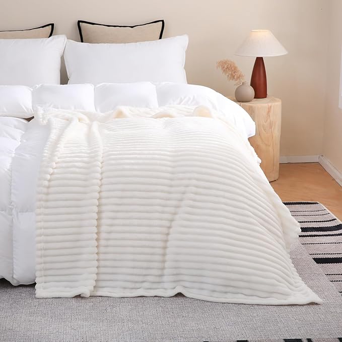 Cream White Fleece Throw Blanket 60”×80” for Couch Sofa Livingroom | Super Soft Cozy Plush Microfiber Flannel Bed Blanket Striped Design Lightweight Home Decor Gifts for Adults Mom Women