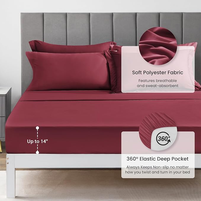 Love's cabin Queen Comforter Set Burgundy, 7 Pieces Queen Bed in a Bag, All Season Bedding Sets with 1 Comforter, 1 Flat Sheet, 1 Fitted Sheet, 2 Pillowcase and 2 Pillow Sham