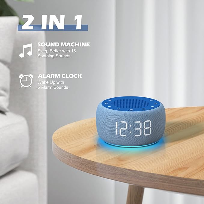 Buffbee Sound Machine & Alarm Clock 2-in-1, Bedroom Sleep Clock, Twilight | 0-100% Clock Face Brightness, Bottom Colored Light, Sleep Timer, Precise 30-Level Volume Control White Noise Machine