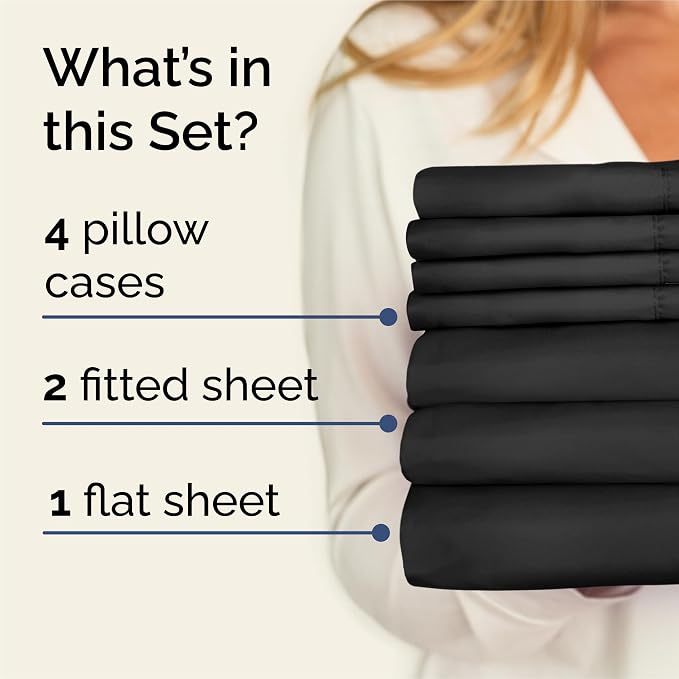 Split King 7 Piece Bed Sheet Set - Comfy, Breathable & Cooling - Black | Ultra-Soft Hotel Luxury Bedding Set w/ 8-16 Inch Deep Pockets, 1 Flat & 2 Fitted Sheet & 4 Pillowcases, Wrinkle & Fade Free