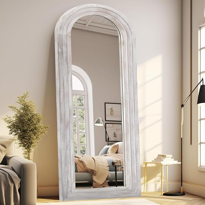 ZHUNFA Arched Full Length Mirror with Solid Wood Frame | 65x22 Farmhouse Wall Mirror Full Length with Stand, Vertical Hanging, Leaning Standing for Bedroom,Living Room, Rustic White
