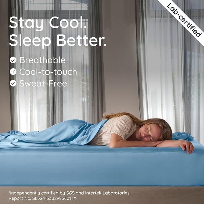 Bambaw 100% Viscose Derived from Bamboo Queen Fitted Sheet with Corner Straps, Cooling Fitted Sheets Queen Size, 16’’ Deep Pocket Soft Fitted Sheet, Queen Bed Fitted Sheet Only (Dream Blue)