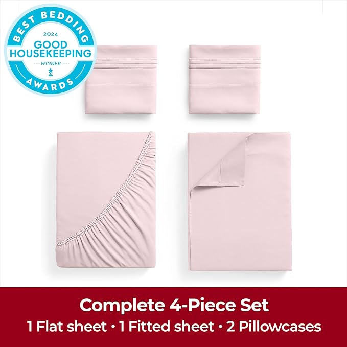 Mellanni Iconic 4-Piece, Ultra Soft Sheet Set (California King, Blush Pink) | 10M+ Sleepers. Lab-tested: Sleeps Cool, Stays Bright, Strong, Smooth. Good Housekeeping Best Bedding, 7 yrs running.