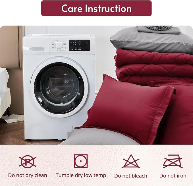 7 Pieces Oversized King Comforter Set, Reversible Bed in a Bag Oversized King Size, All Season Bedding Set with Comforter, Flat Sheet, Fitted Sheet, Pillowcases & Shams, Burgundy & Grey