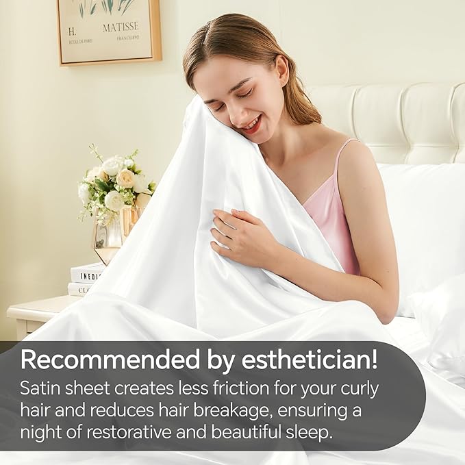 BEDELITE Satin Sheets King Size Bed Set, White, 4 Pieces | Luxury Silky Bed Sheets, 15 Inch Deep Pocket, Similar to Silk, Soft and Cooling, Reduces Friction, Gentle on Hair and Skin