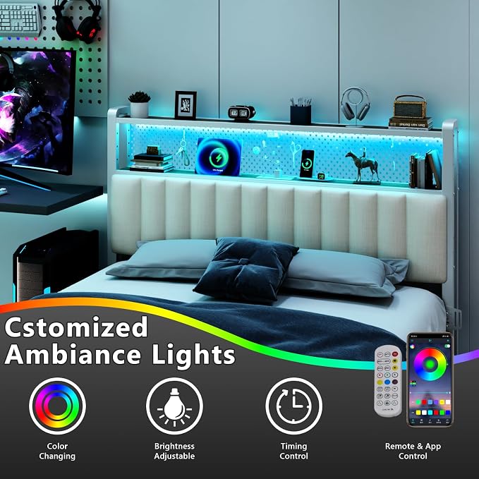 VINGLI Queen Size Headboard for Bed,Upholstered Headboards with Storage, Charging Stations and LED Lights, 2 Tier Shelves and Pegboard, Modern Bed Head Board, Adjustable Height, White