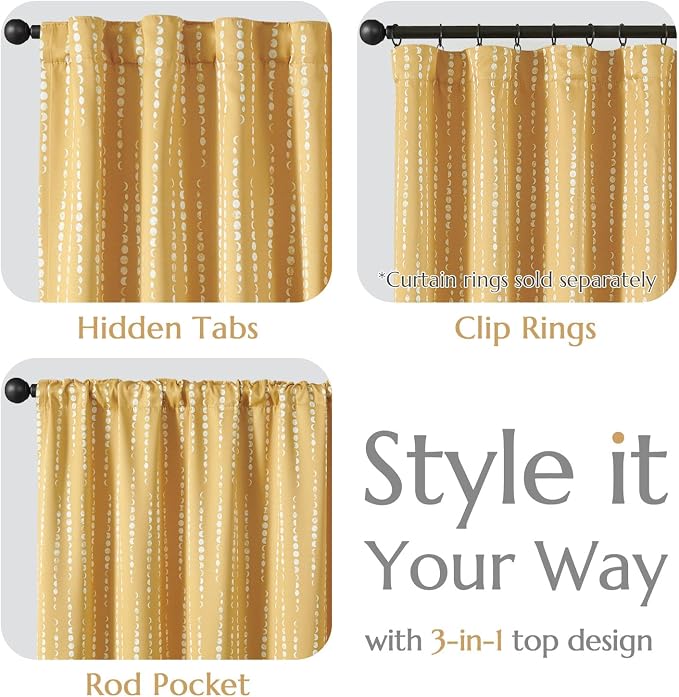 jinchan Boho Blackout Curtains 96 Inches Long Moon Phase Printed Drapes | Mustard Yellow Farmhouse Curtain for Bedroom Living Room Back Tab Rod Pocket Drapes Room Darkening Window Treatment 2 Panels