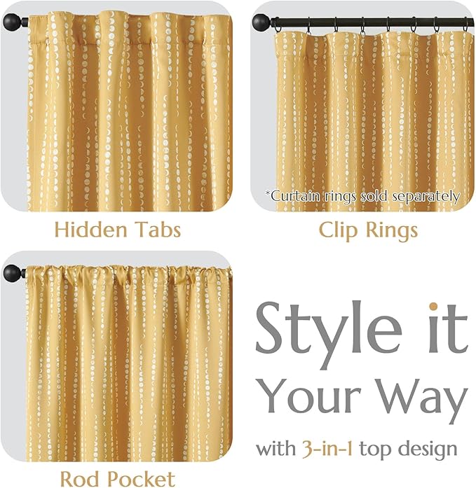 jinchan Boho Blackout Curtains 63 Inch Length Moon Phase Printed Drapes | Mustard Yellow Farmhouse Curtain for Bedroom Living Room Back Tab Drapes Room Darkening Window Treatment 2 Panels