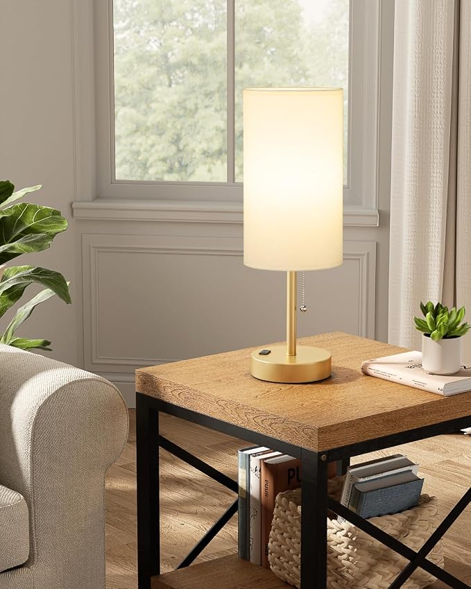 17.4" Gold Bedside Table Lamps Set of 2 - Bedroom Lamp, USB C+A, AC Outlet | 3CCT(3000/4000/5000K), LED Bulbs Included, White Fabric Lampshade, 17.4in Large Lamp for Nightstand, Living Room, Dorm, Desk