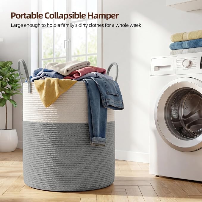 OIAHOMY 60L Nursery Hamper Laundry Basket Laundry Hamper Grey/White | collapsible Blanket Basket Cotton Rope Woven Basket Dirty Clothes Hamper Baby Hamper Tall Clothes Hamper with Handles