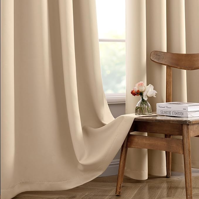 MIULEE Beige Blackout Bedroom Curtains Drapes 96 Inch Long 52"x96" | Grommet Top, Room Darkening Window Drapes, Privacy Protection, Thermal Insulated, Heat Blocking, Light Blocking