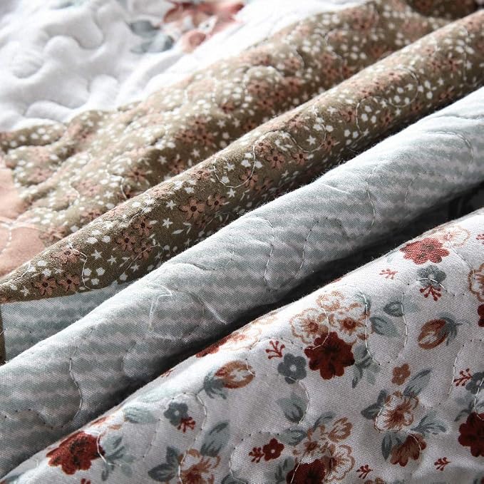 Quilt Bedspread Sets-Checkered Floral Reversible Coverlet Set,Queen Size